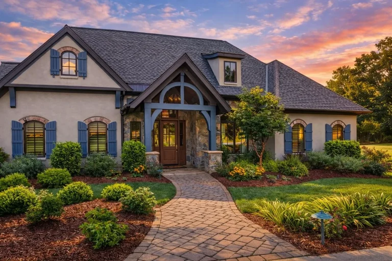 Front exterior view of a French Country style home featuring stucco walls, stone detailing, steep gabled rooflines, and manicured landscaping