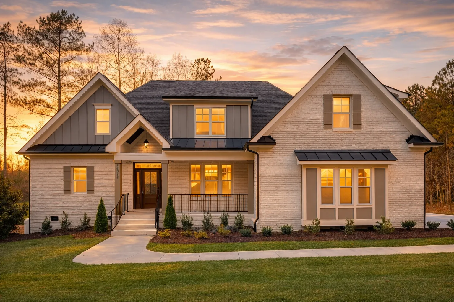 Front elevation of a New American farmhouse style home featuring horizontal lap siding, board and batten details, gabled rooflines, and welcoming covered porch