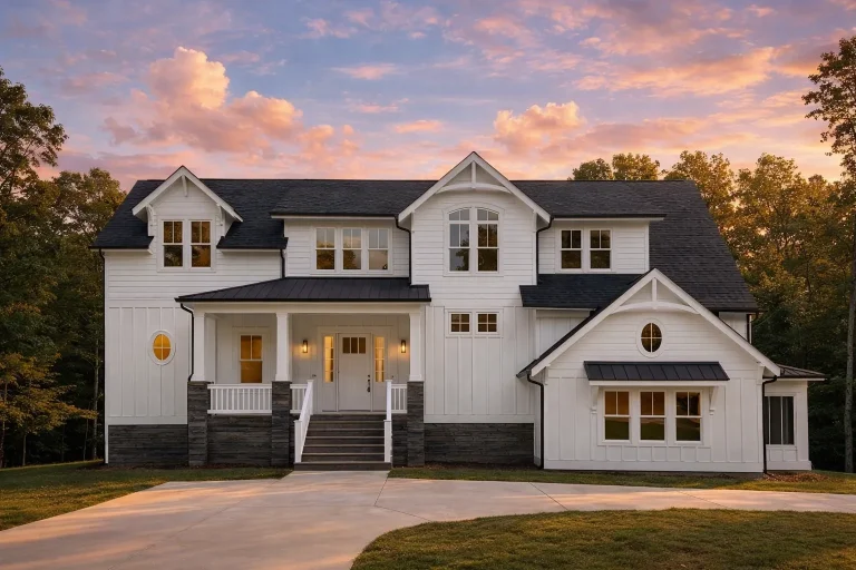 Front view of a Modern Farmhouse style home featuring gray horizontal siding, stone porch columns, white trim, and gable rooflines with classic symmetry