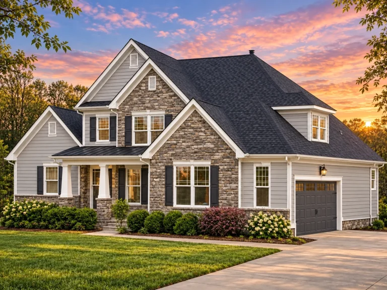 Front elevation of a New American Craftsman style home with stone accents, horizontal siding, gabled rooflines, and a covered front porch