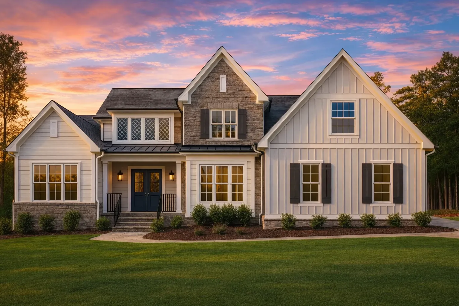 Front elevation of a Modern Farmhouse New American style home featuring board and batten siding, horizontal lap siding, stone accents, and multiple gabled rooflines