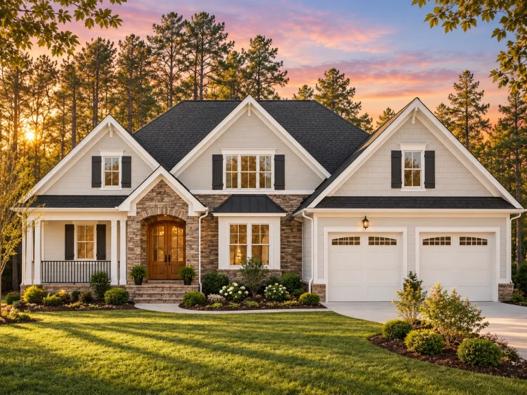 Front elevation of Craftsman style house with horizontal siding, stone accents, shake gables, and covered front porch