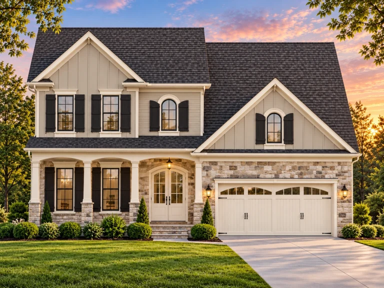 Front elevation of a modern farmhouse style home featuring white board and batten siding, stone exterior accents, black shutters, and a welcoming covered porch
