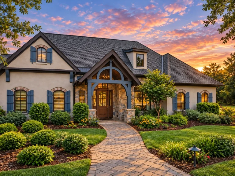 Front exterior view of a French Country style home featuring stucco walls, stone detailing, steep gabled rooflines, and manicured landscaping