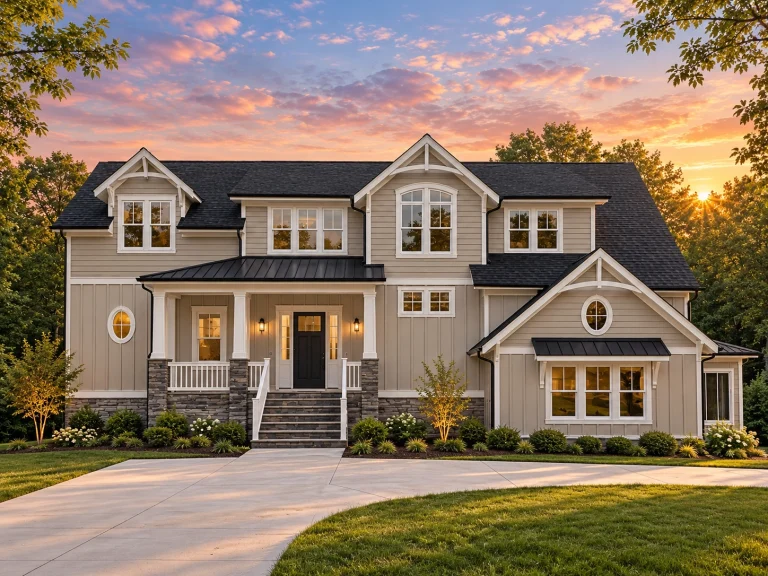 House Plans with Spacious Laundry Room 9 Front view of a Modern Farmhouse style home featuring gray horizontal siding, stone porch columns, white trim, and gable rooflines with classic symmetry