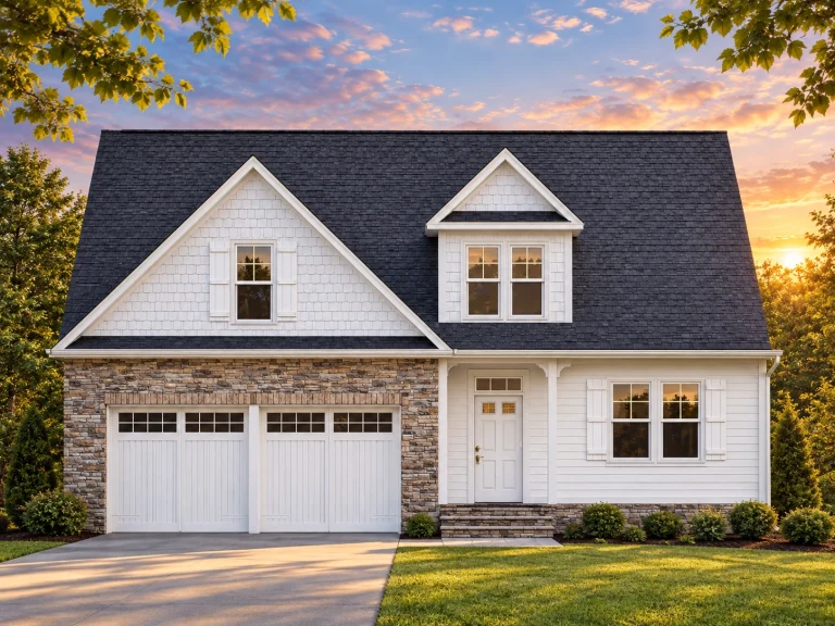 Top Designer-Approved House Plans 12 Front elevation of Cape Cod cottage style home with shingle siding, stone veneer wainscot, gable roof, and two-car garage