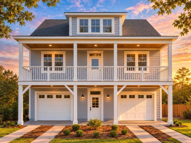 Front elevation of an elevated Coastal Low Country style home with horizontal siding, double garages, and a covered second-floor porch