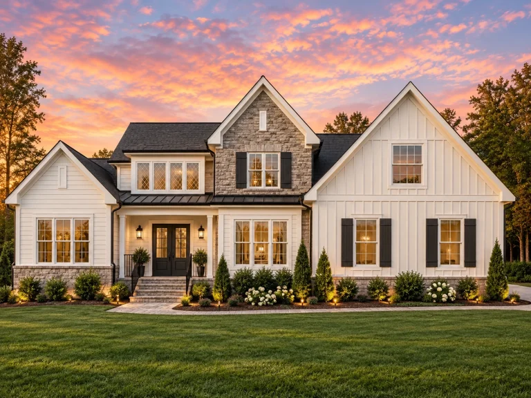 Front elevation of a Modern Farmhouse New American style home featuring board and batten siding, horizontal lap siding, stone accents, and multiple gabled rooflines