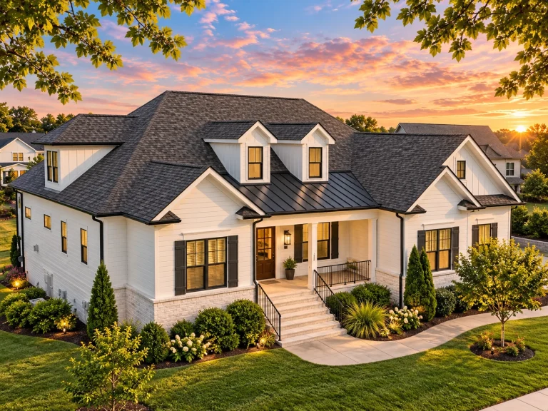 Top Designer-Approved House Plans 7 Front elevation of a New American style home with board and batten siding, covered porch, and classic suburban curb appeal