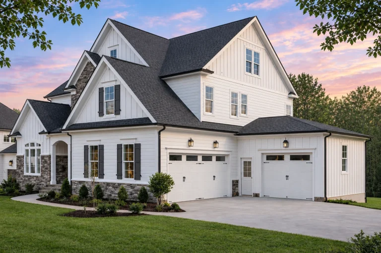 Front elevation of a Traditional Colonial New American style home with horizontal siding, stone accents, symmetrical windows, and covered entry