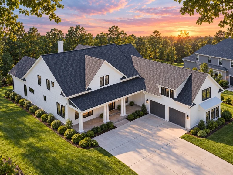 Conventional House Plans 21 Front elevation of a Colonial Traditional style home with white lap siding, black shutters, stone foundation, and covered front porch