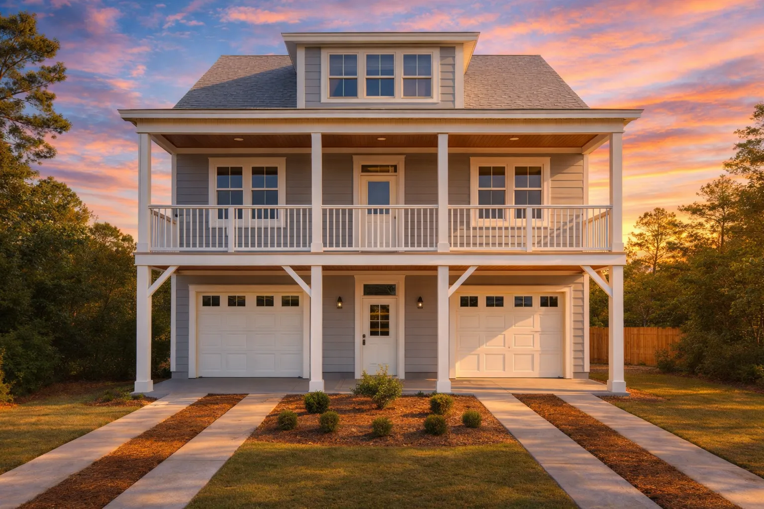 Front elevation of an elevated Coastal Low Country style home with horizontal siding, double garages, and a covered second-floor porch