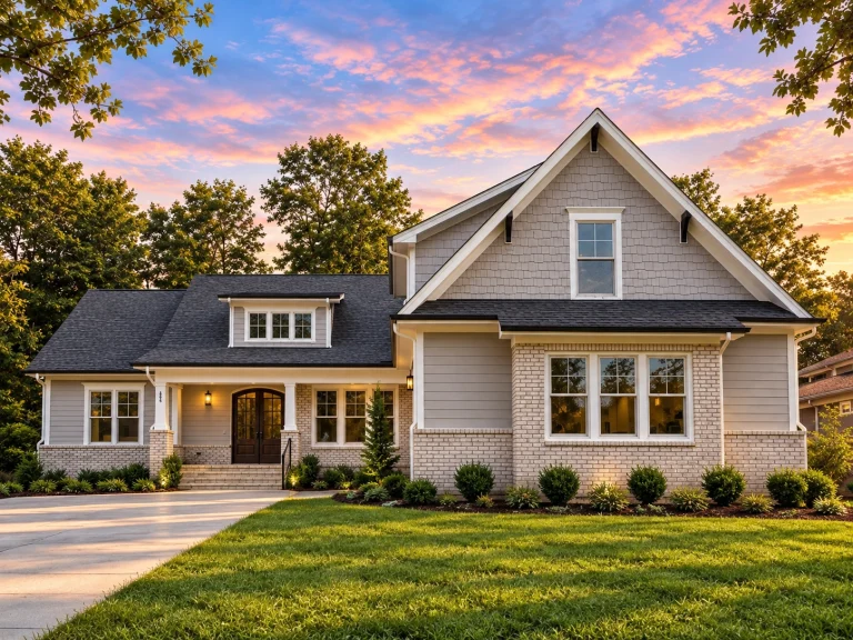Ranch House Plans 22 Front elevation of a Southern Farmhouse style home with white siding, stone foundation accents, covered porch, and symmetrical gabled roof