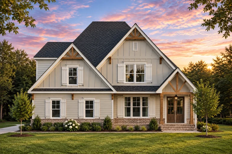 Front elevation of a Modern Farmhouse style home featuring board and batten siding, stone accents, gabled rooflines, and black window trim