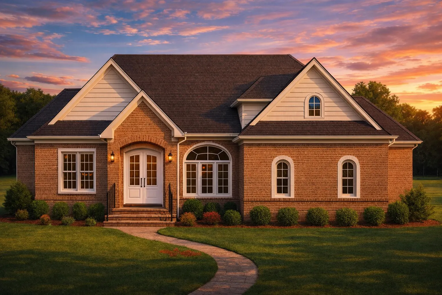 ADU House Plans 5 Front elevation of a Traditional Ranch style home with brick exterior, horizontal siding gables, arched windows, and symmetrical curb appeal