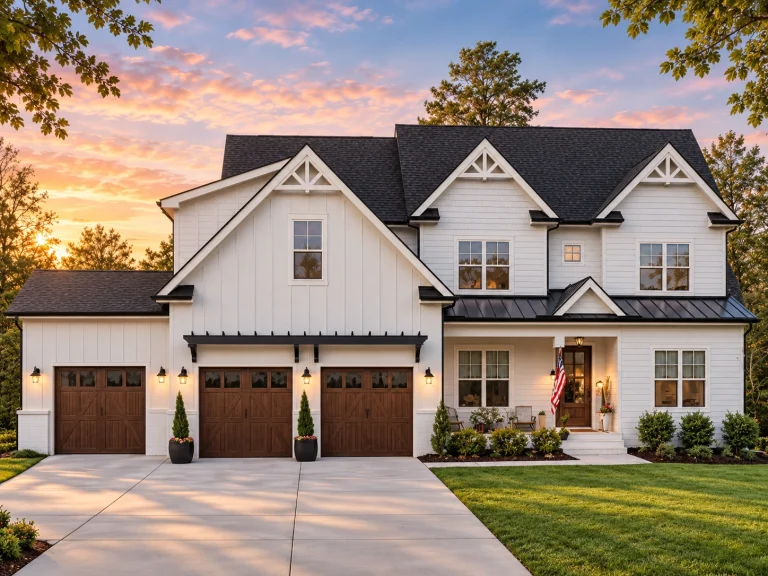 Front elevation of a Modern Farmhouse style home with white board and batten siding, black metal porch roof, wood garage doors, and classic gabled rooflines