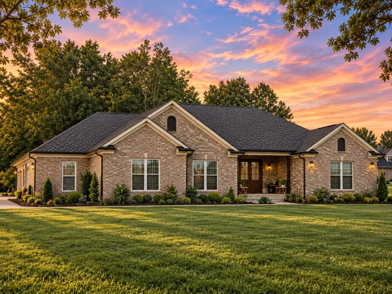 Front view of a Traditional Ranch style home with classic brick exterior, white trim, and black shutters surrounded by manicured landscaping.