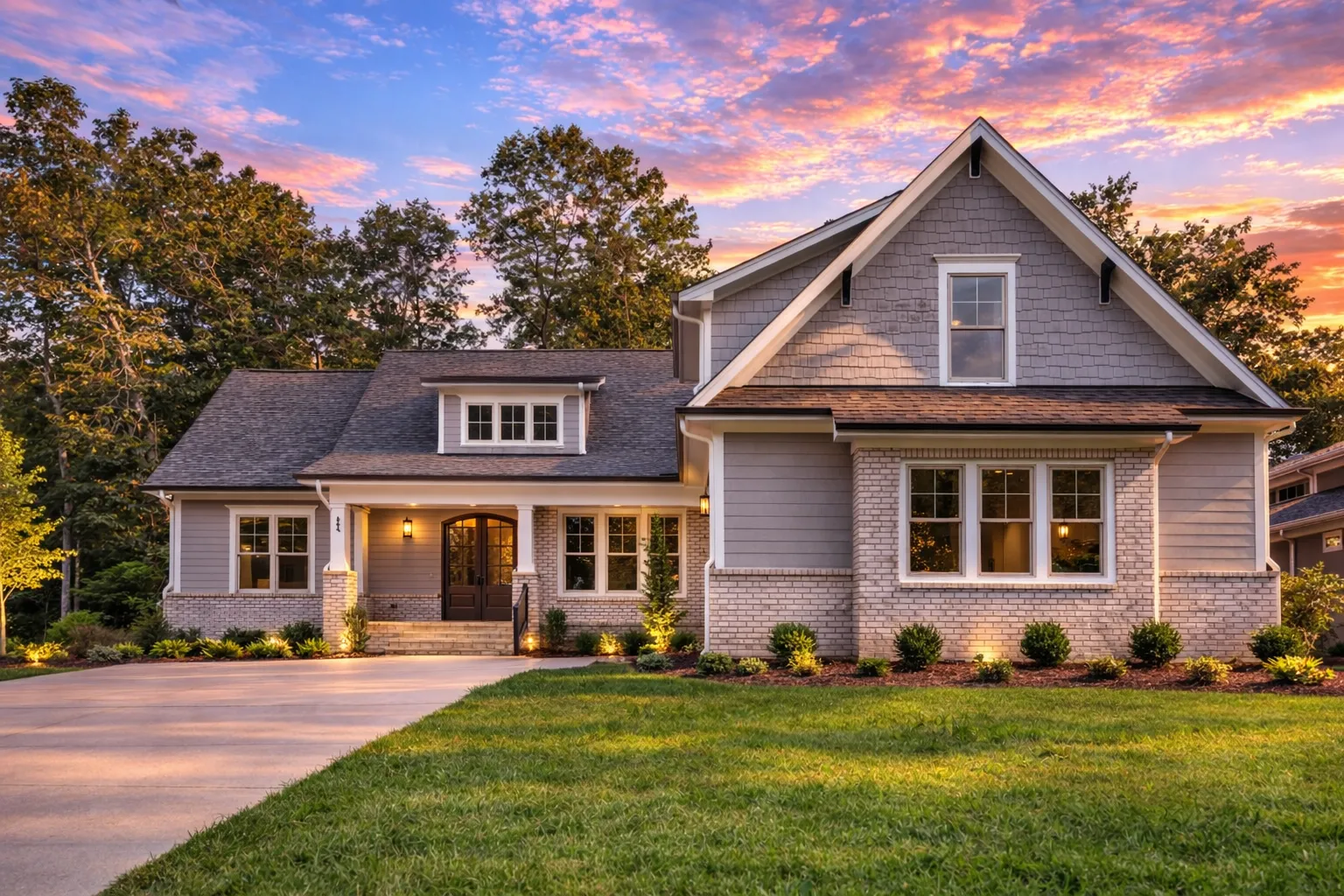 House Plans 7 Front elevation of a Southern Farmhouse style home with white siding, stone foundation accents, covered porch, and symmetrical gabled roof