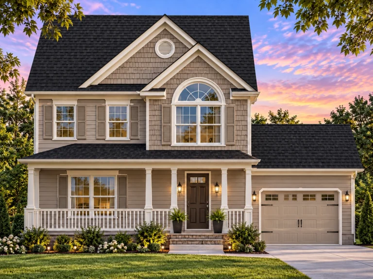 Front elevation of Colonial Revival style two-story home with horizontal lap siding, black shutters, covered front porch, and attached garage