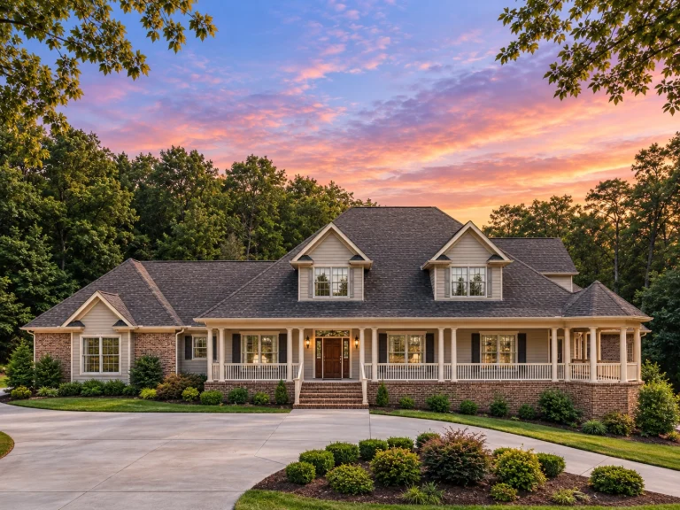 Open Porch House Plans 25 Front view of a Southern Farmhouse style home featuring horizontal siding, brick foundation, gabled dormers, and a wide wraparound porch