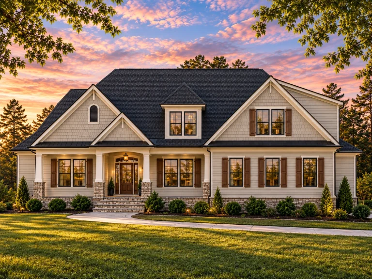 House Plans with Patios 7 Front view of a Modern Farmhouse style home featuring horizontal lap siding, board and batten accents, dark shutters, gabled dormers, and a welcoming covered entry