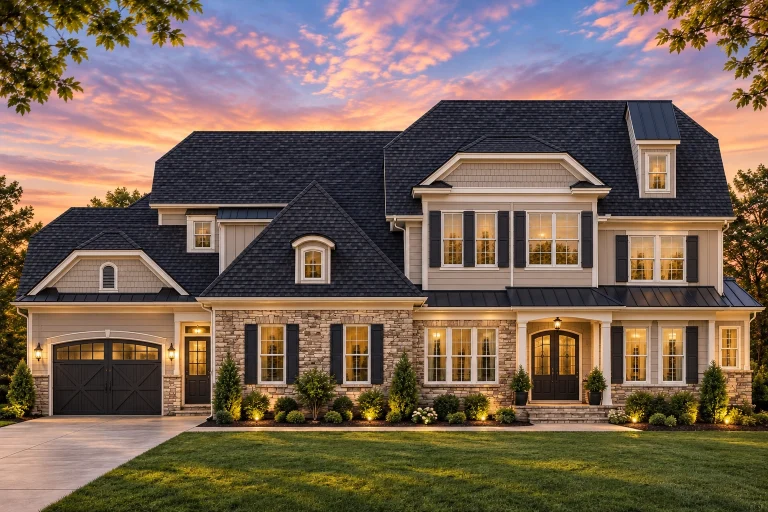 Front exterior of a New American Shingle Style house featuring stone accents, layered gables, and classic Modern Traditional architecture