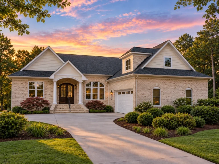 House Plans with Outdoor Kitchen 11 Front elevation of a Traditional Ranch style home with brick exterior, horizontal siding gables, arched windows, and symmetrical curb appeal