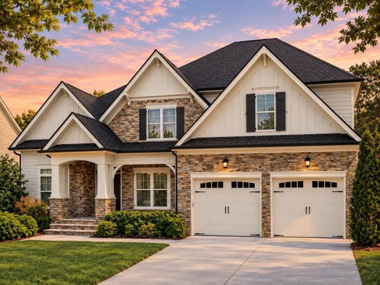 Front elevation of a New American Modern Traditional style house featuring stone veneer, horizontal siding, gabled rooflines, and a two-car garage