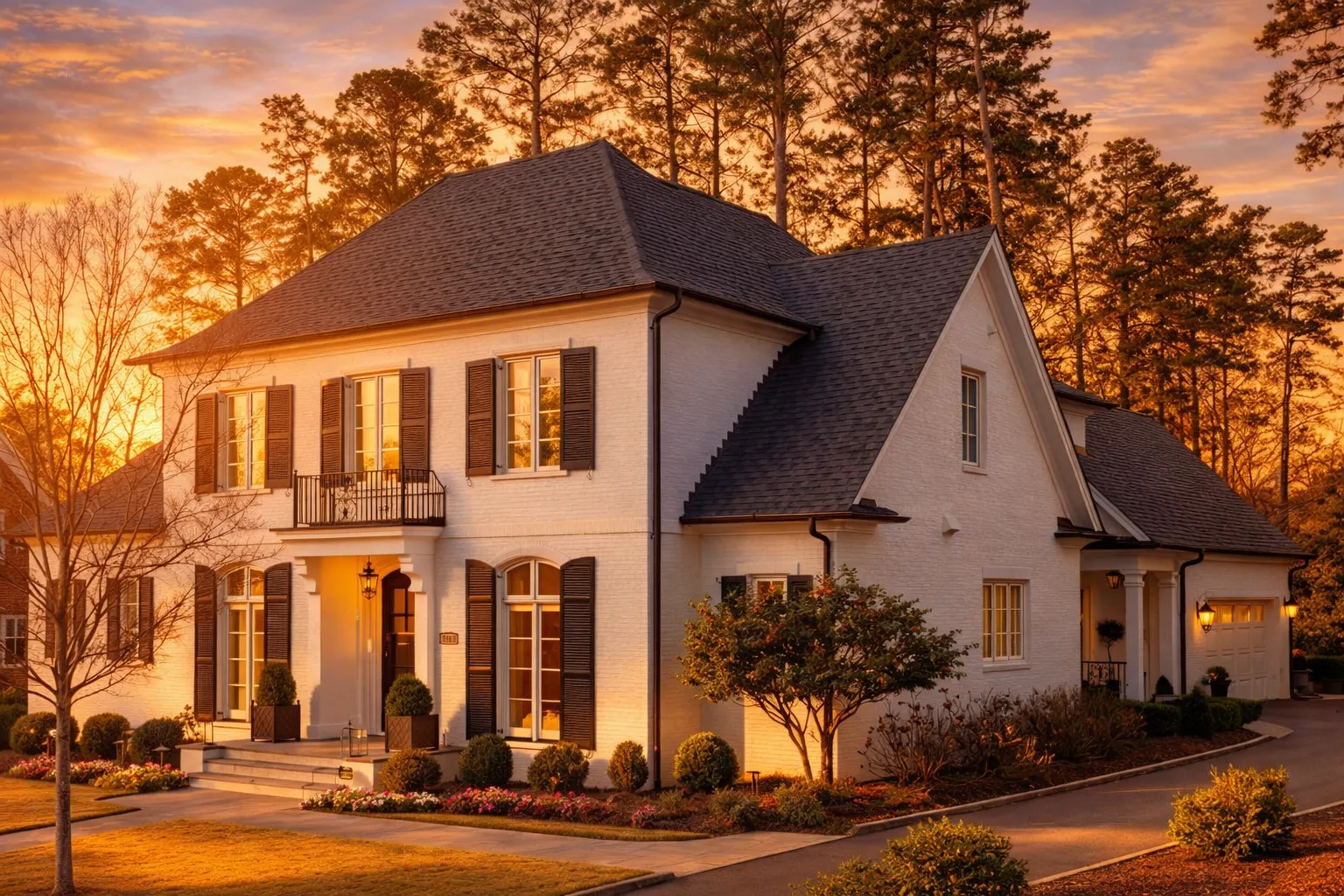 Front elevation of a Georgian Colonial style home with painted brick exterior, symmetrical windows, shutters, and classic entry porch