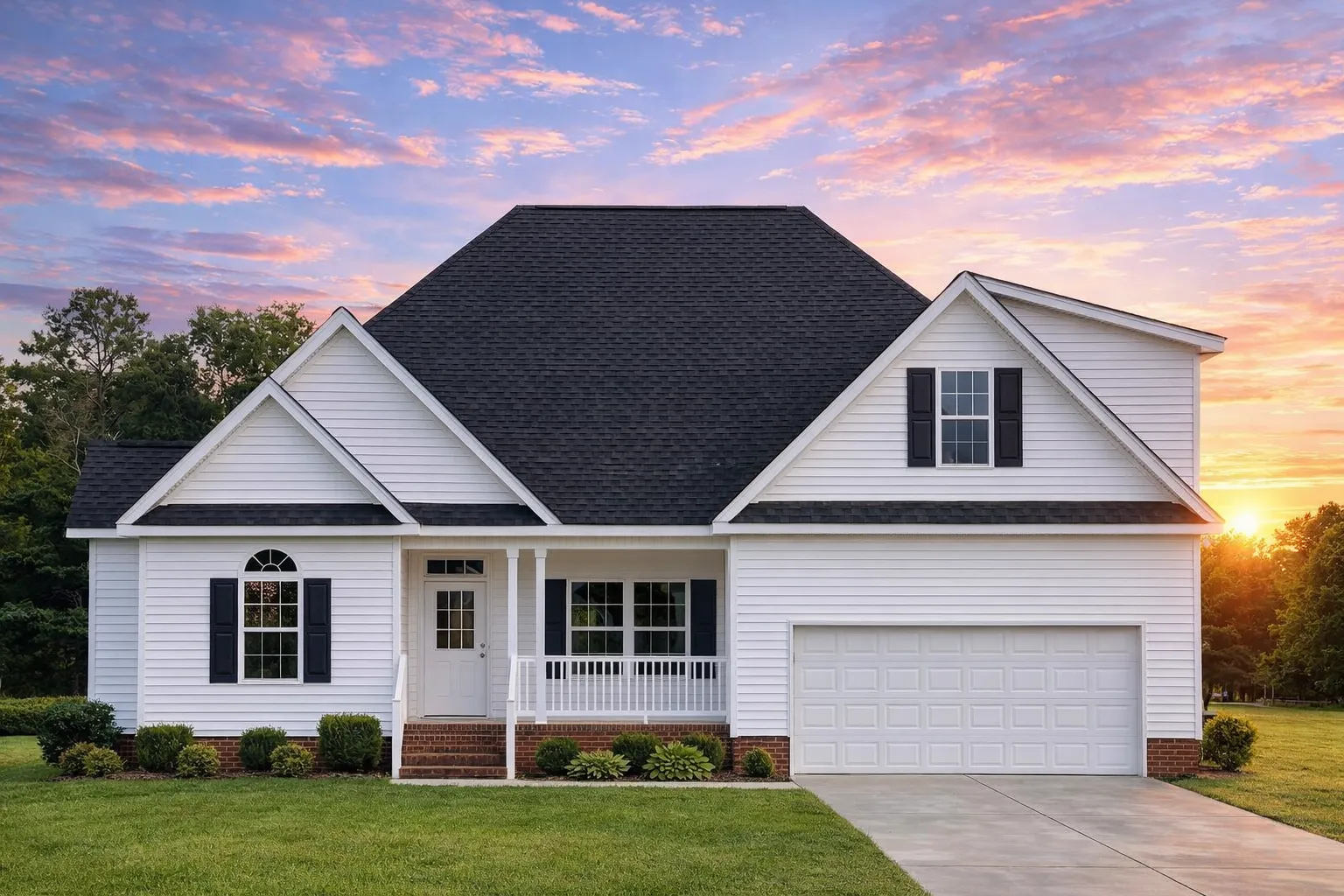 Front elevation of a traditional suburban two-story house with horizontal lap siding, brick foundation, covered porch, and two-car garage