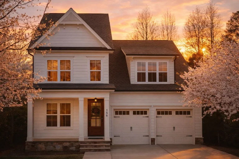Front exterior of a New American style home with horizontal siding, stone accents, symmetrical windows, and a welcoming covered entry