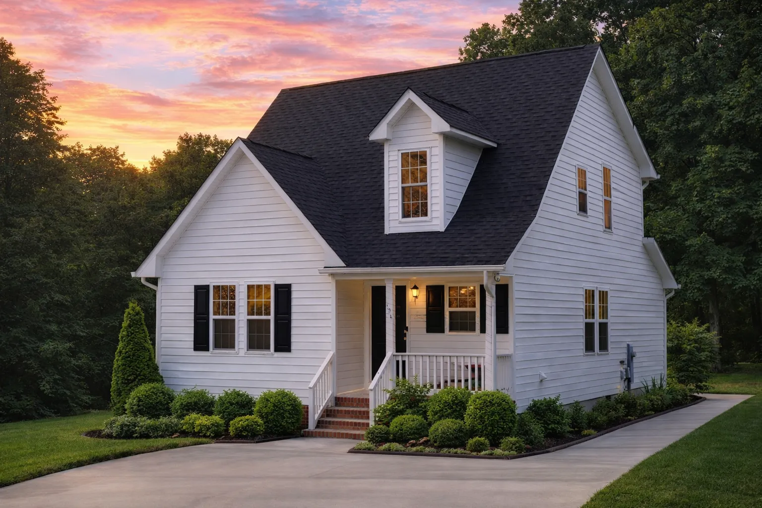 Front view of a Cape Cod Cottage style house featuring horizontal lap siding, dark shutters, and a steep roofline with a dormer window
