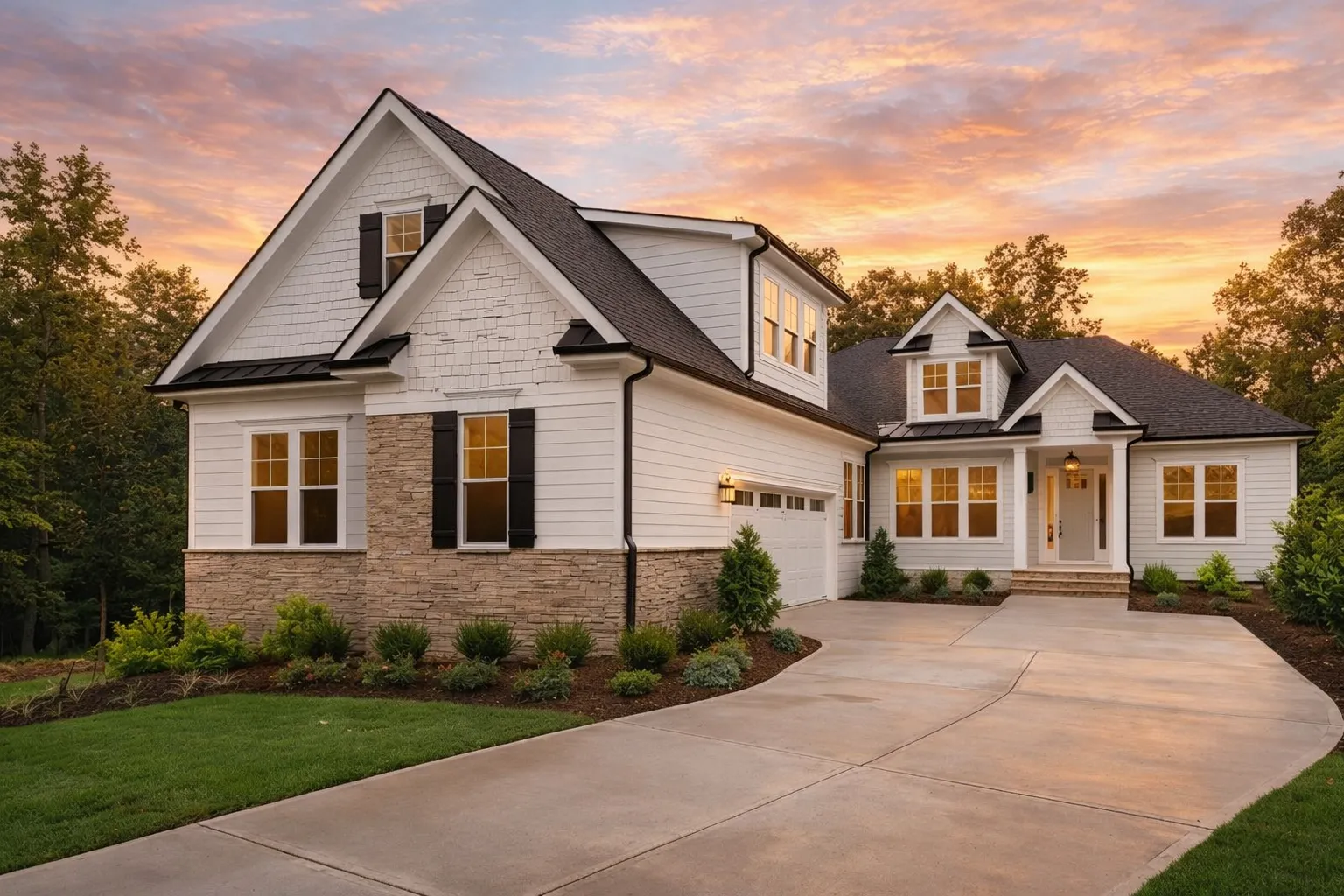Front elevation of a Traditional Craftsman Farmhouse featuring stone and horizontal lap siding with balanced gables and a welcoming covered porch entry