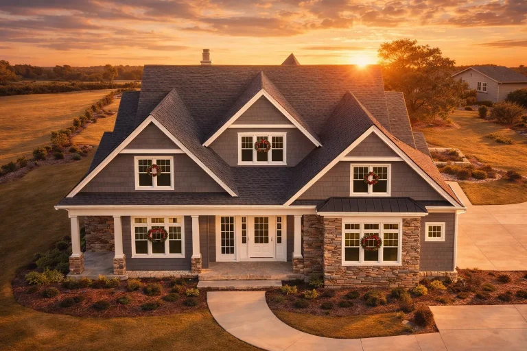 Front exterior of a New American Modern Traditional house featuring board and batten siding, stone accents, gabled rooflines, and a covered front porch