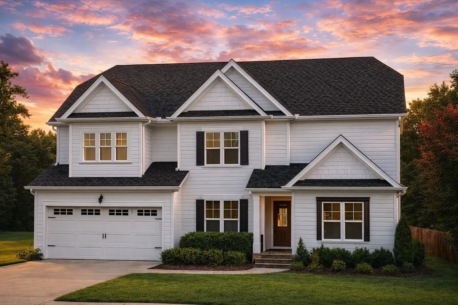 Front elevation of a New American style home with traditional colonial influence, horizontal siding, shutters, and a welcoming covered entry