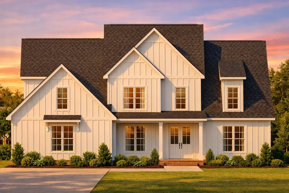 Front elevation of a modern farmhouse style home featuring white board and batten siding, black windows, and a covered front porch