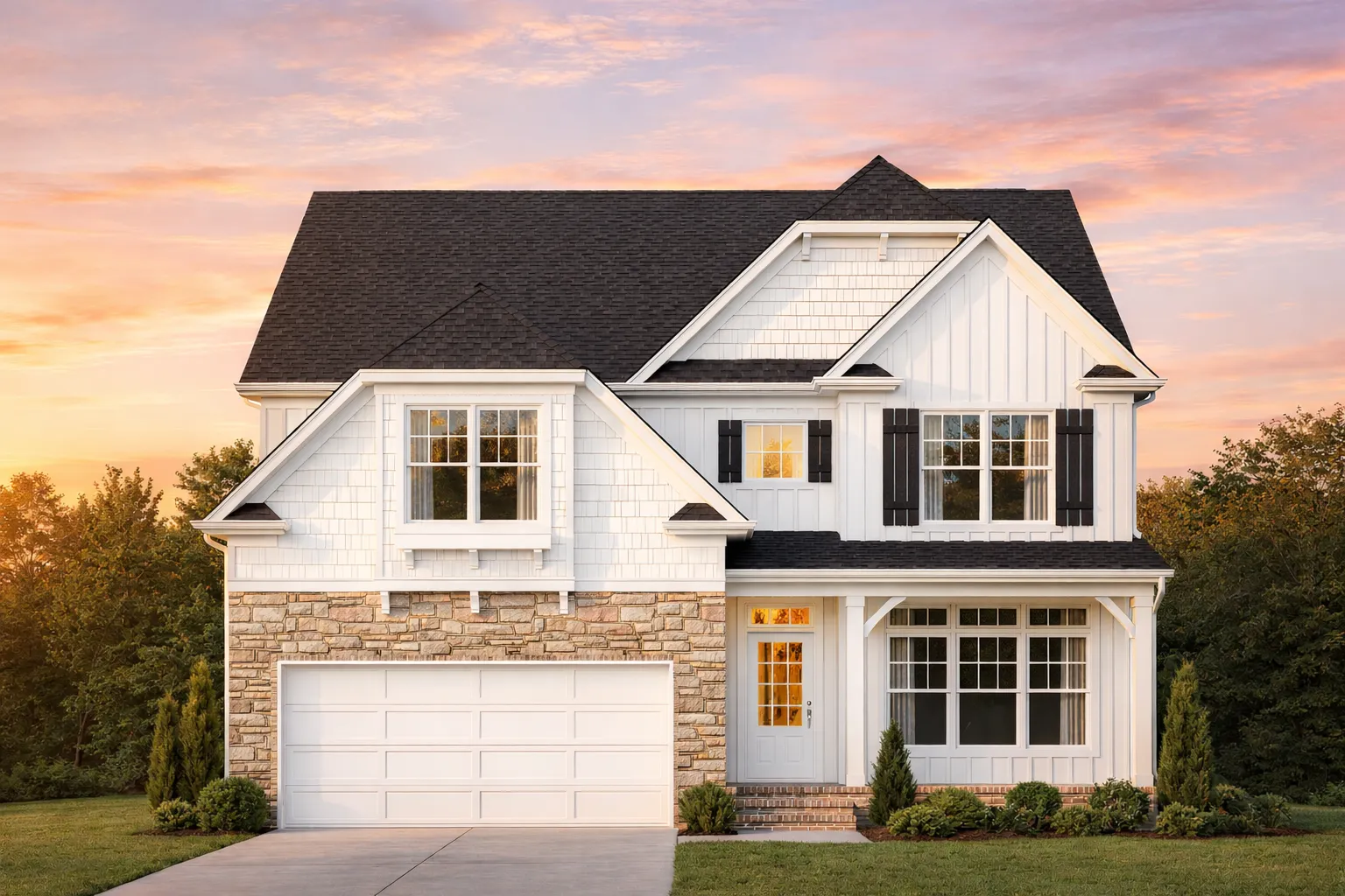 Front elevation of New American Modern Traditional home with shingle and lap siding, covered porch, and single-car garage