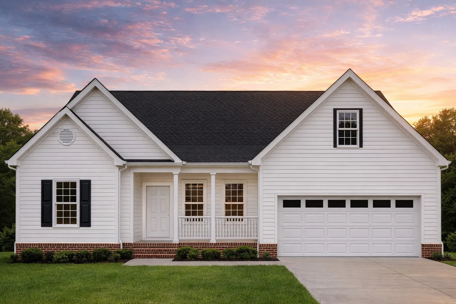 Front elevation of a Traditional Ranch style home featuring horizontal lap siding, brick skirting, gable rooflines, and a covered front porch