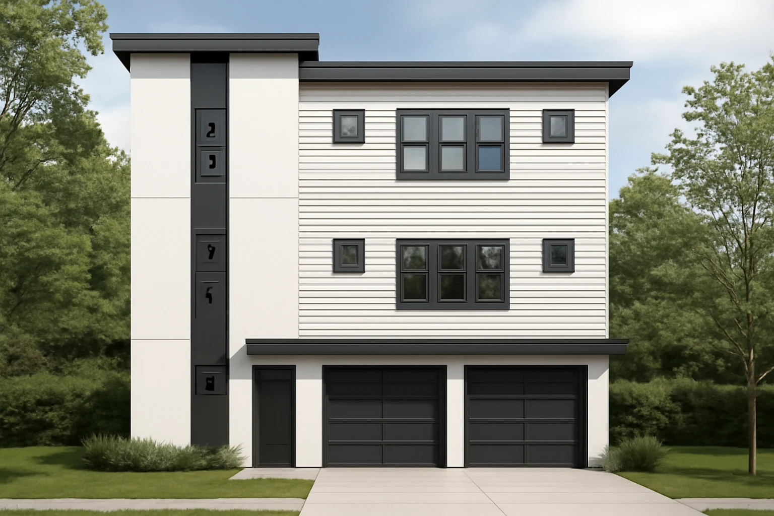Front elevation of an Urban Contemporary Modern house with smooth stucco tower, horizontal lap siding, black-framed windows, and a two-car garage on a three-story narrow-lot design