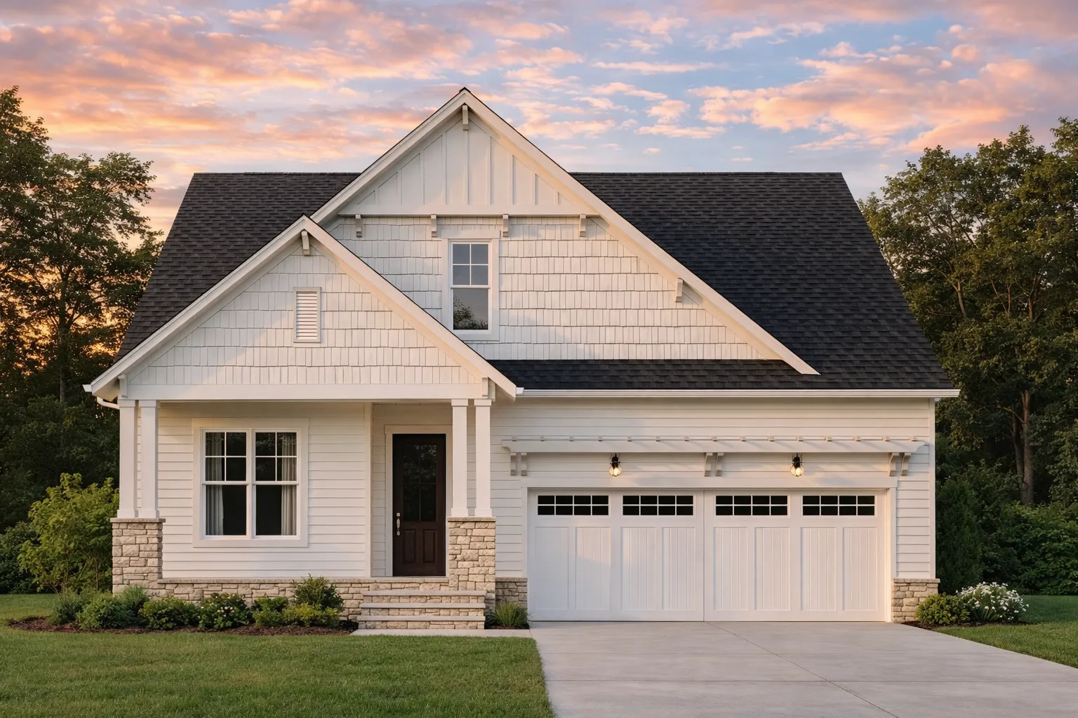 Craftsman house plan featuring board and batten siding, gable rooflines, and stone accents.