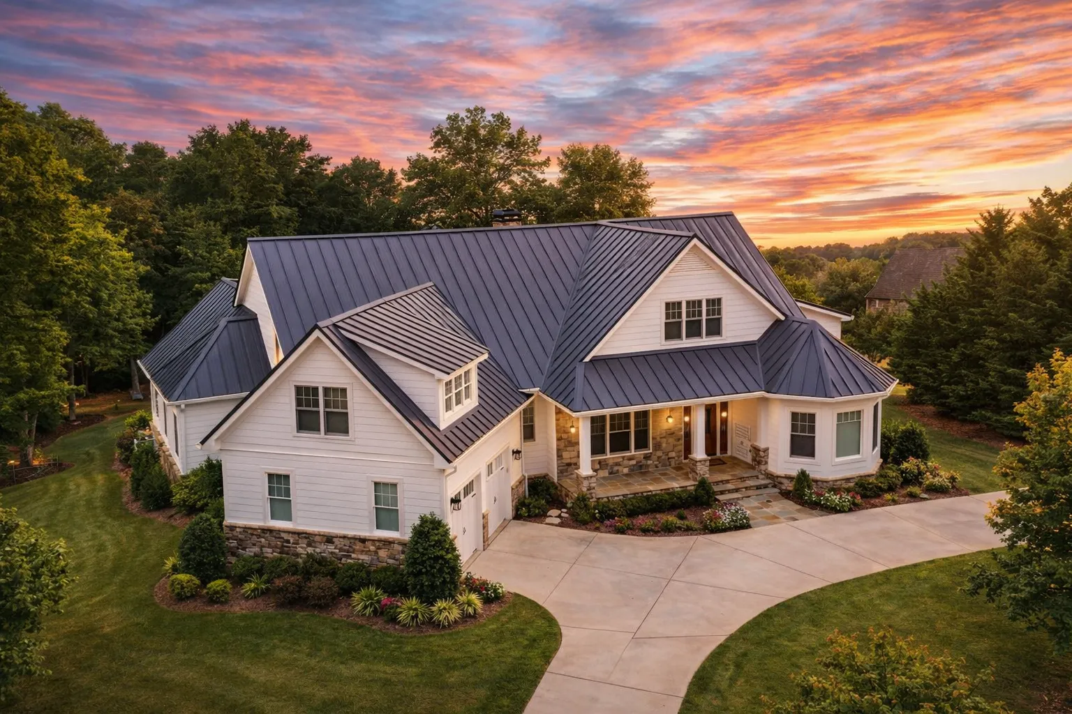 Prairie House Plans 19 Front elevation of a New American Traditional house featuring horizontal siding, stone accents, steep gabled rooflines, and an inviting covered entry