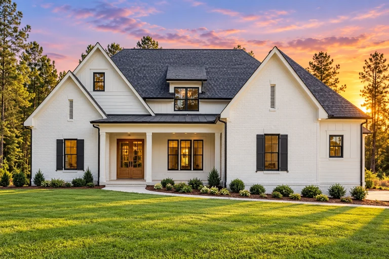 Front elevation of a New American Modern Traditional farmhouse with painted brick exterior, symmetrical gables, shutters, and covered entry porch