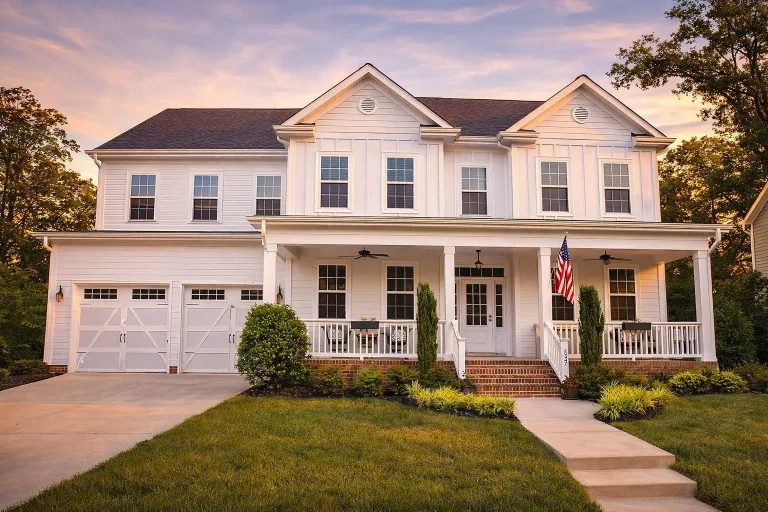 Front elevation of a Colonial style home with white lap siding, symmetrical windows, brick steps, and a full-width covered porch