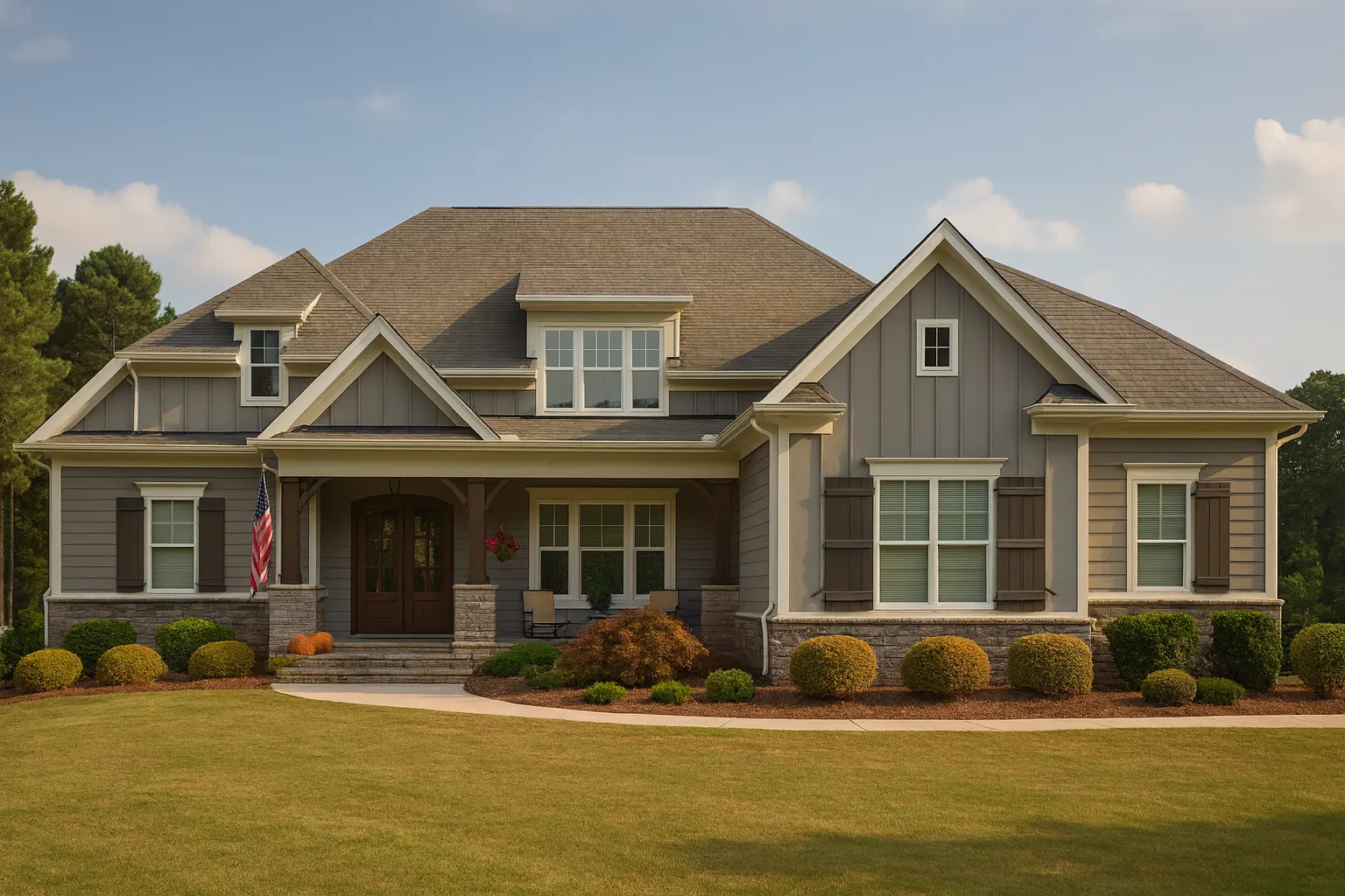 Front elevation of a Craftsman New American style home featuring board and batten siding, horizontal lap siding, stone accents, and a welcoming covered porch