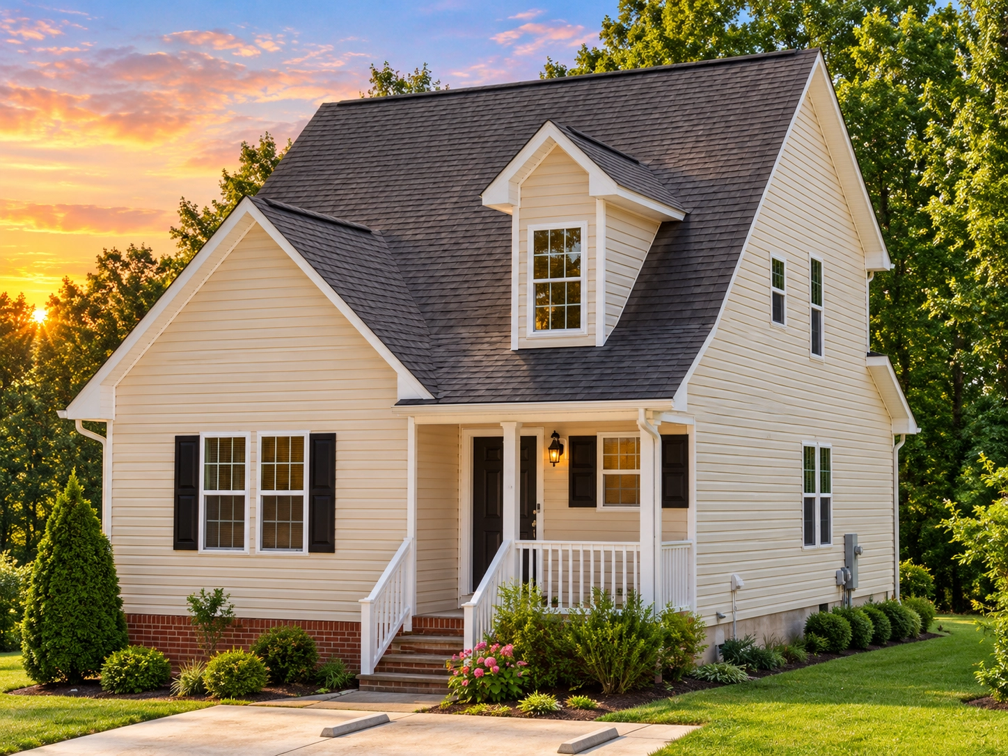 Front view of a Cape Cod Cottage style house featuring horizontal lap siding, dark shutters, and a steep roofline with a dormer window