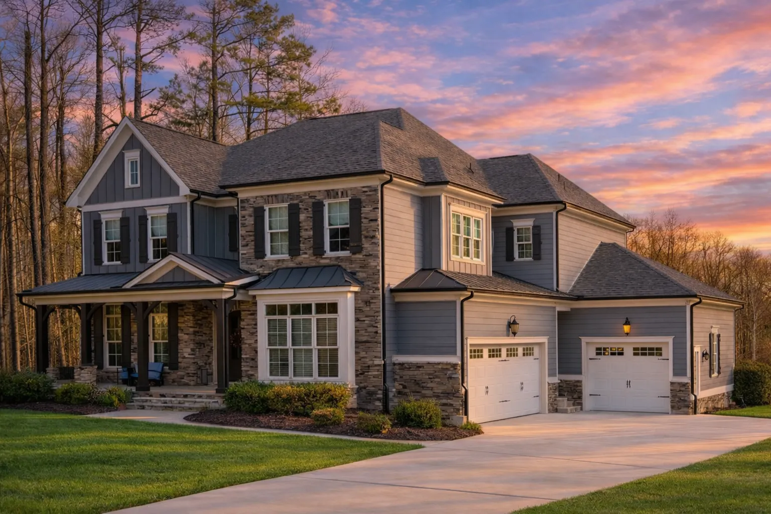 Front elevation of a Traditional Colonial and New American style home with stone veneer, horizontal siding, symmetrical windows, and classic shutters