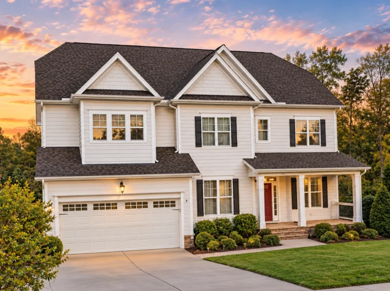 Front elevation of a New American style home with traditional colonial influence, horizontal siding, shutters, and a welcoming covered entry