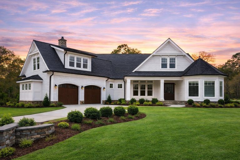 Garage Workshop Plans 4 Front elevation of a New American Traditional house featuring horizontal siding, stone accents, steep gabled rooflines, and an inviting covered entry