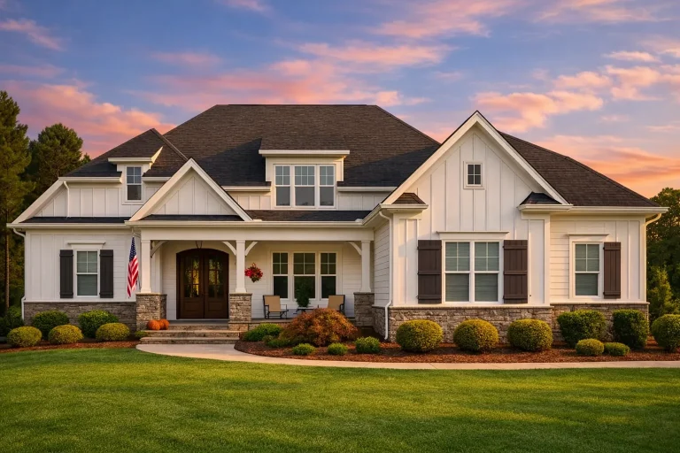 Front elevation of a Craftsman New American style home featuring board and batten siding, horizontal lap siding, stone accents, and a welcoming covered porch