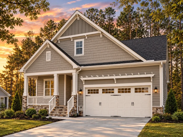 Craftsman house plan featuring board and batten siding, gable rooflines, and stone accents.
